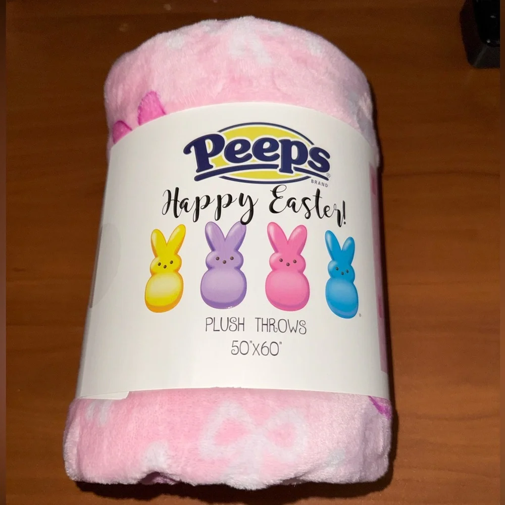 PEEPS Happy Easter Pink Plush Blanket / Throw with Bunnies, Bows and Dots.
